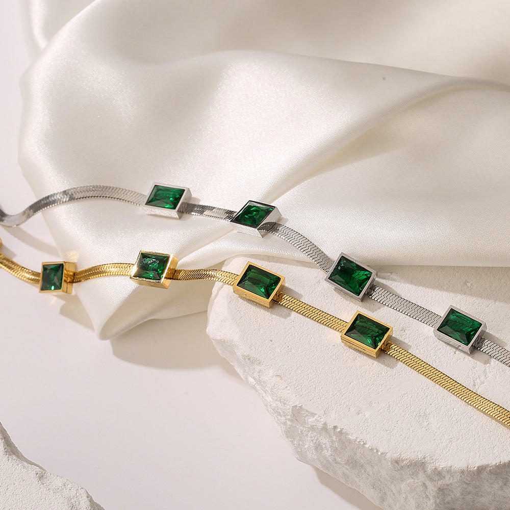 Minimalist Geometric Emerald Zirconia Titanium Steel Snake Chain Necklace for Women