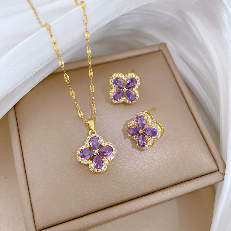 Luxury Fresh and Sweet Plated Brass Zircon Micro-Pave Earrings and Necklace Set