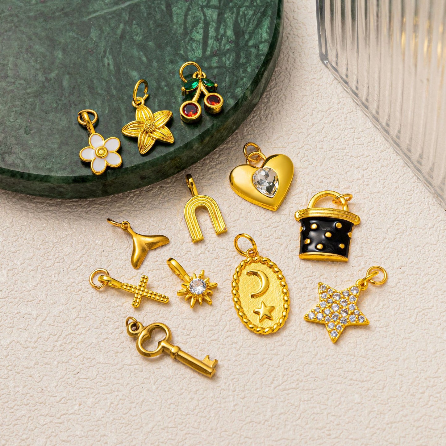 Minimalist Gold Plated Brass Pendant Necklace with Heart Moon Star Butterfly and Floral Design