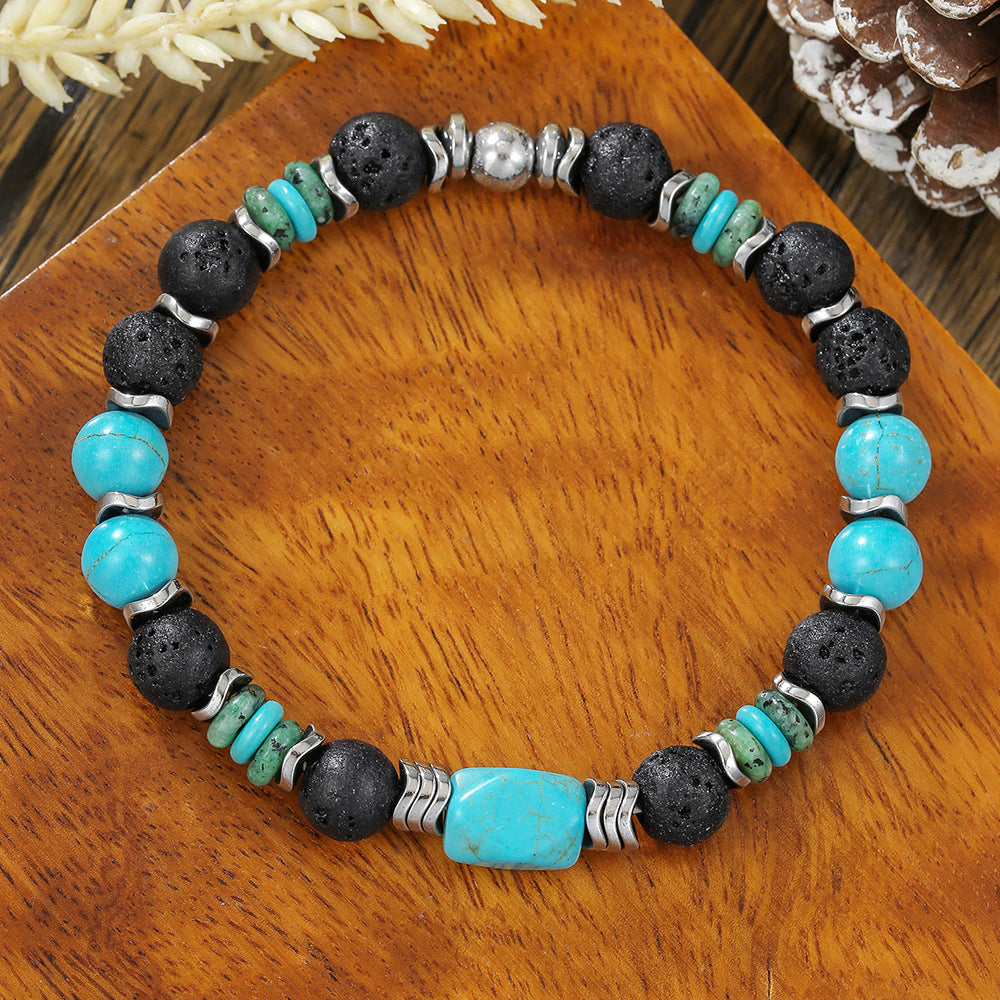 Geometric Round Turquoise Lapis Lazuli Agate Beaded Bracelet Unisex