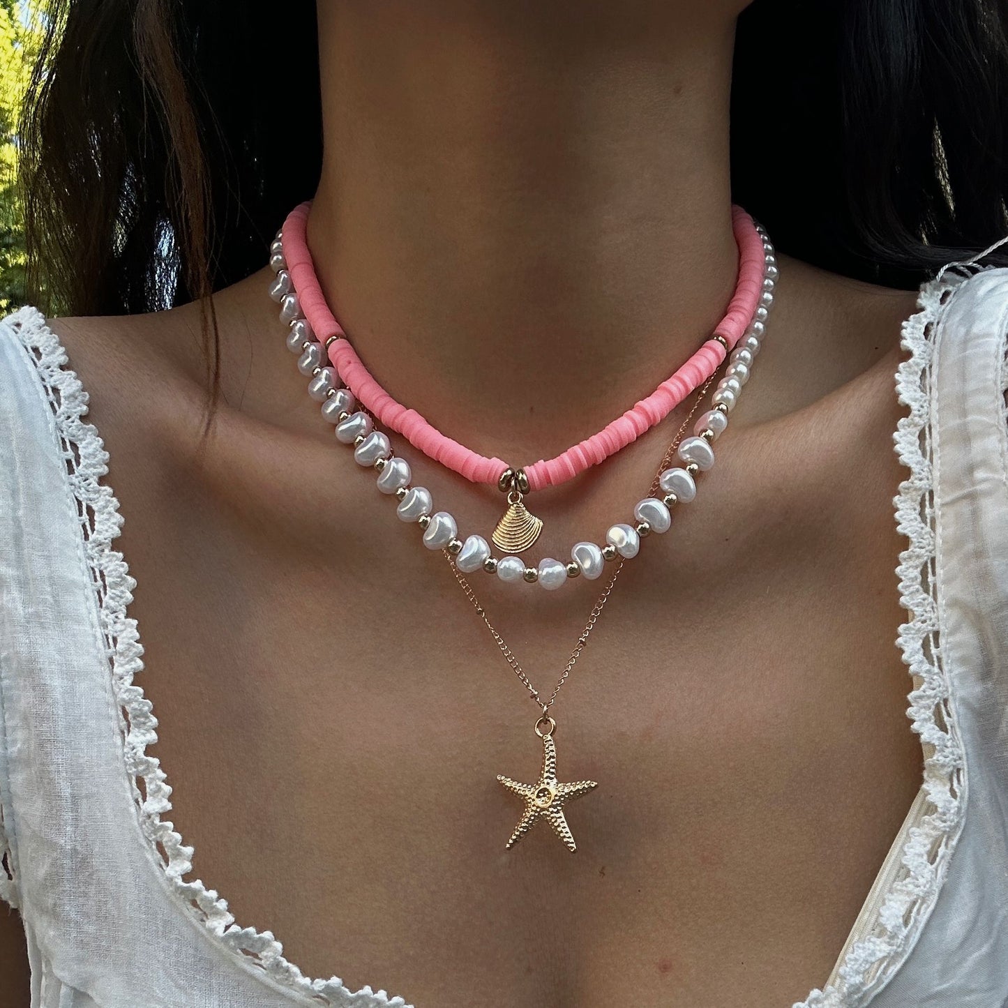 Bohemian Baroque Imitation Pearl Starfish Shell Bead Necklace for Women