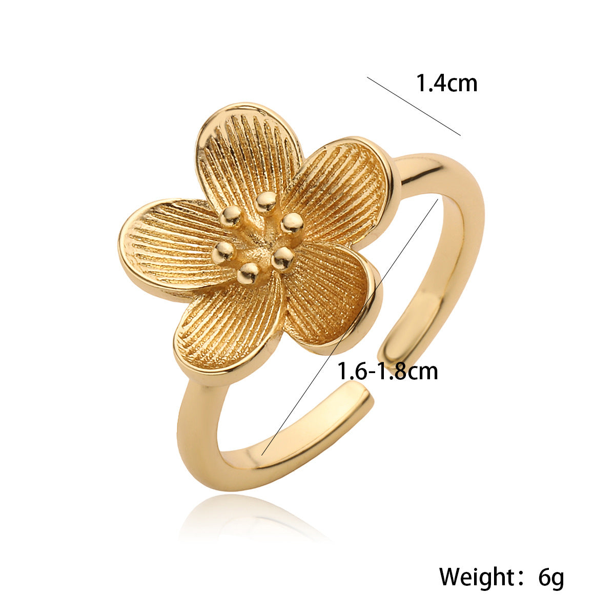 Elegant Minimalist Geometric Flower-Shape Opening Ring for Women Made of Brass with 18K Gold Plating
