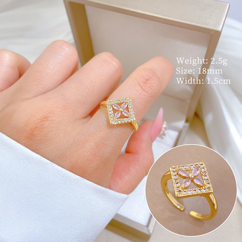 Minimalist Geometric Gold-Plated Brass Open Ring for Women with Crown Shape and Rhinestone Inlay