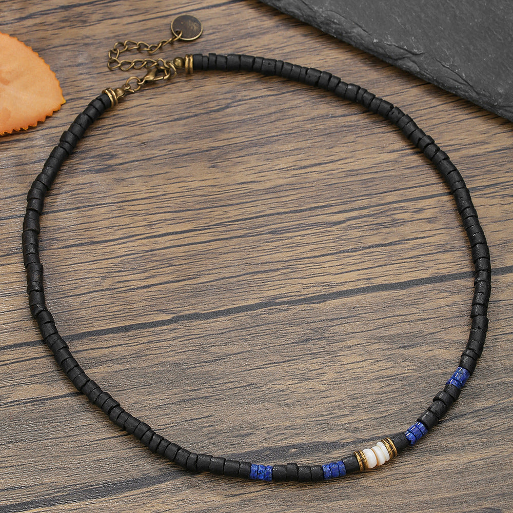 Bohemian Vintage Punk Hip-hop Geometric Handmade Wood Lapis Lazuli Beaded Necklace with Shell Pendant for Unisex