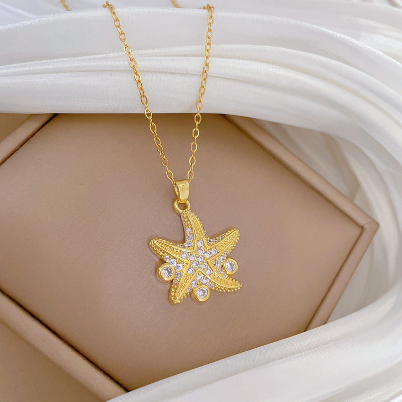 Cartoon Style Starfish-Shaped Titanium Steel Necklace with Rhinestone Inlay for Women and Men, Delicate Clavicle Chain