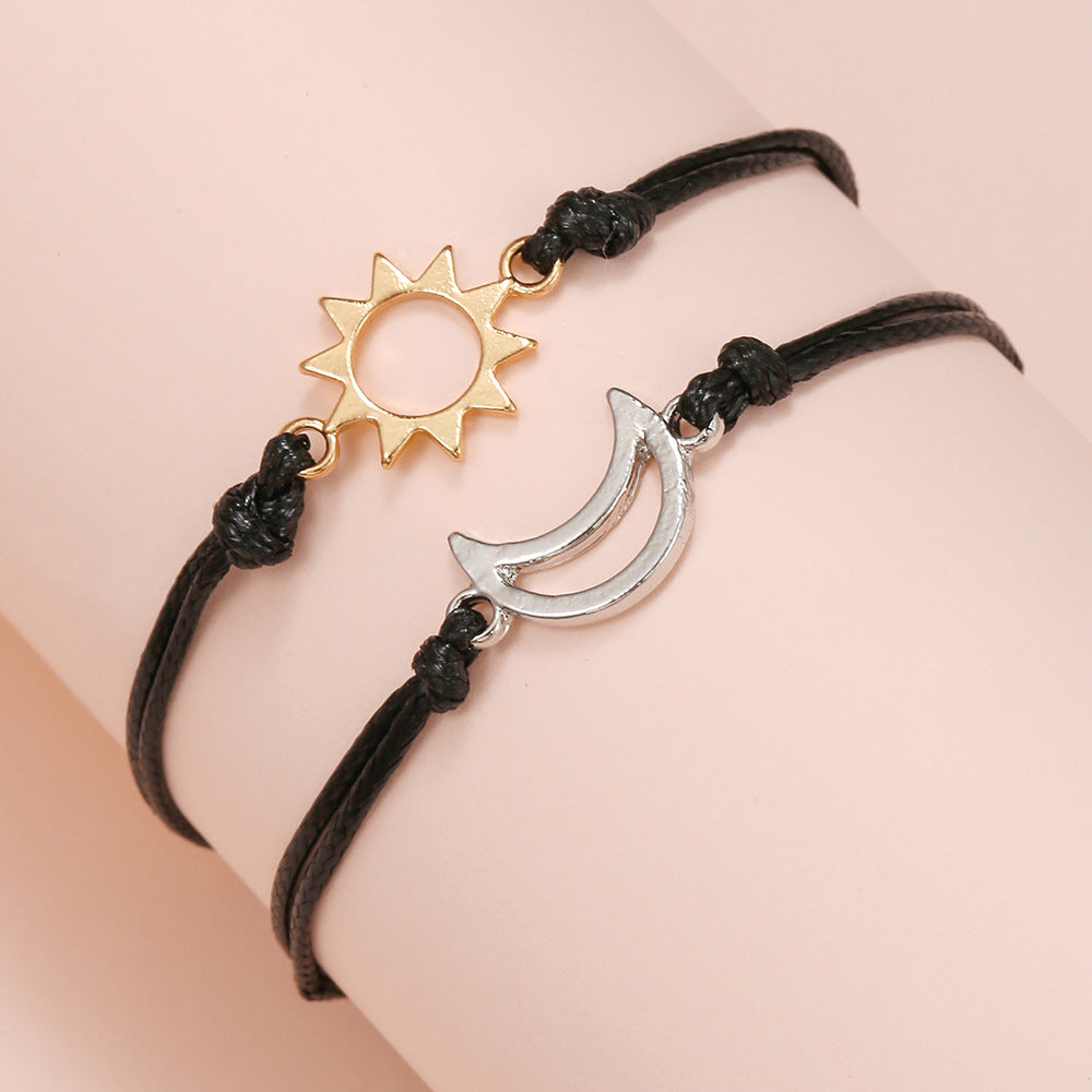 Two-Tone Gold and Silver Geometric Sun and Moon Woven Adjustable Bracelet