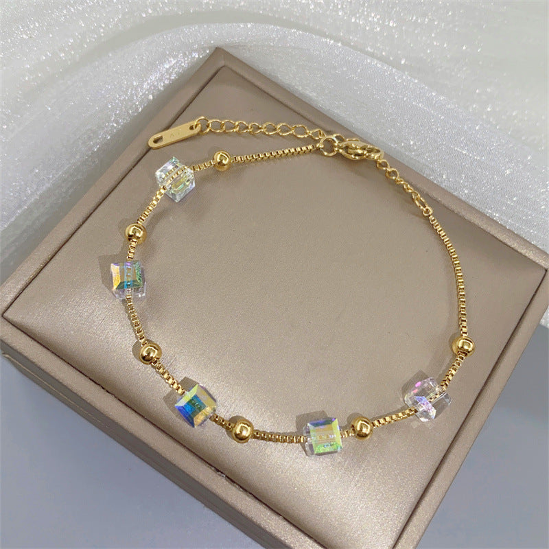 Charm Bracelet for Women with Geometric Square Design in Titanium Steel with Gold Plating and Color-Changing Crystal Accents