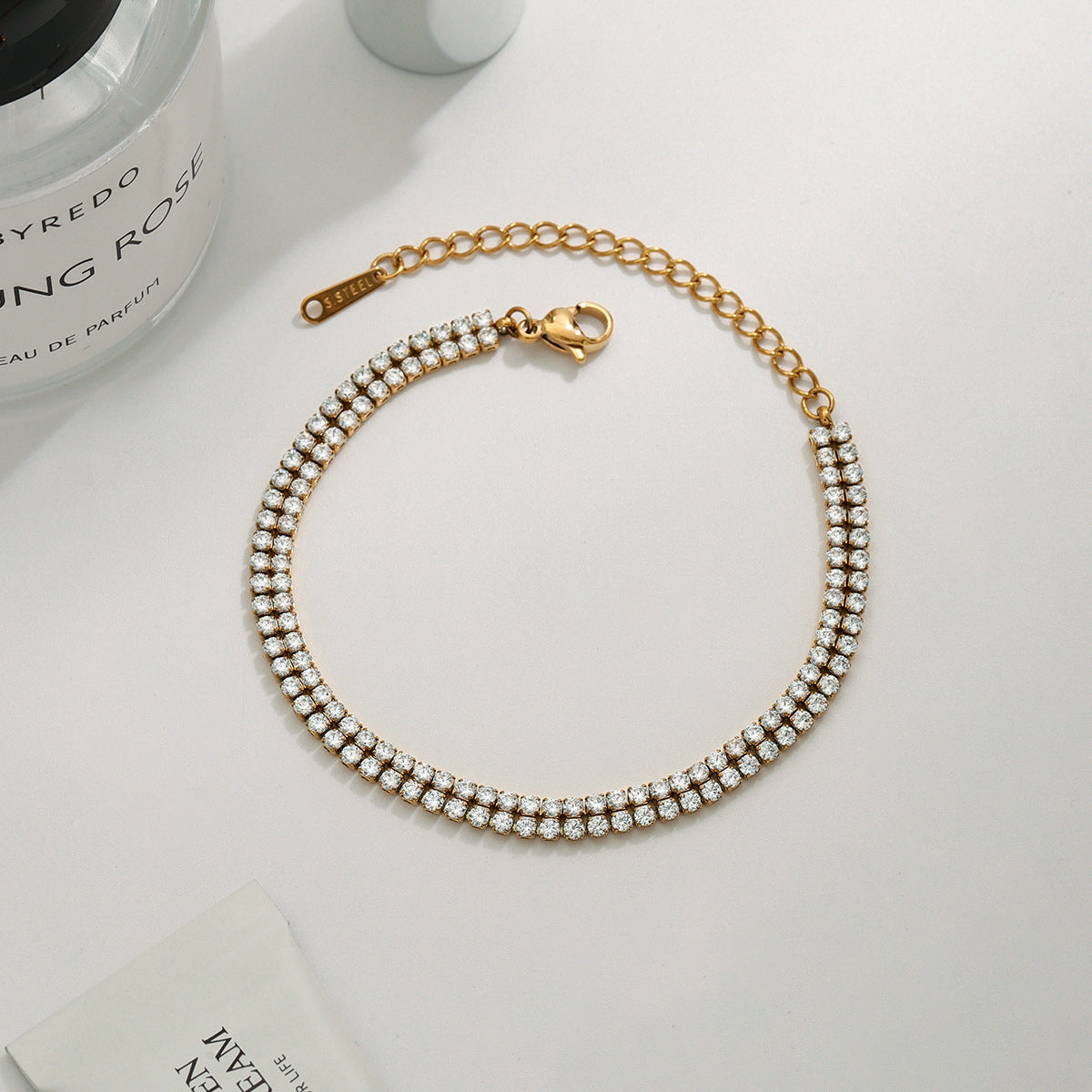 Elegant Minimalist 18K Gold Plated Geometric Stainless Steel Bracelet with Cubic Zirconia for Women