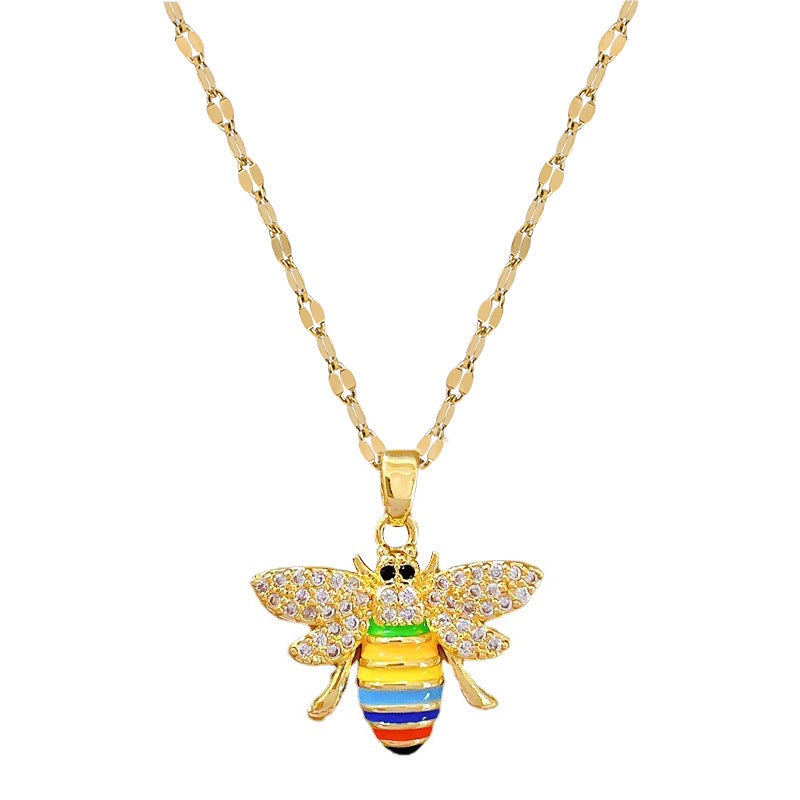 Luxury Titanium Steel Bee Pendant Necklace for Women with Geometric Design, Plated Finish, Delicate Clavicle Chain for Wedding and Party Occasions