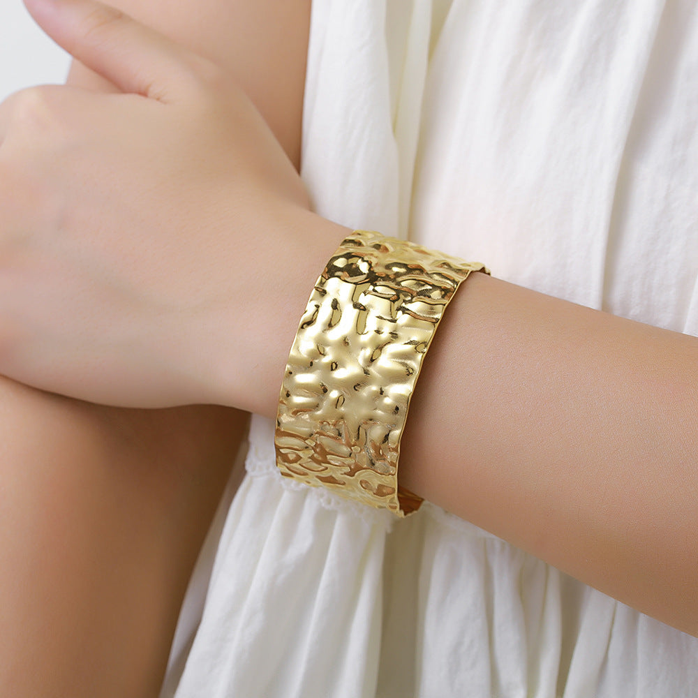 18K Gold Plated Titanium Steel Hammered Textured Geometric Open Cuff Bracelet for Women