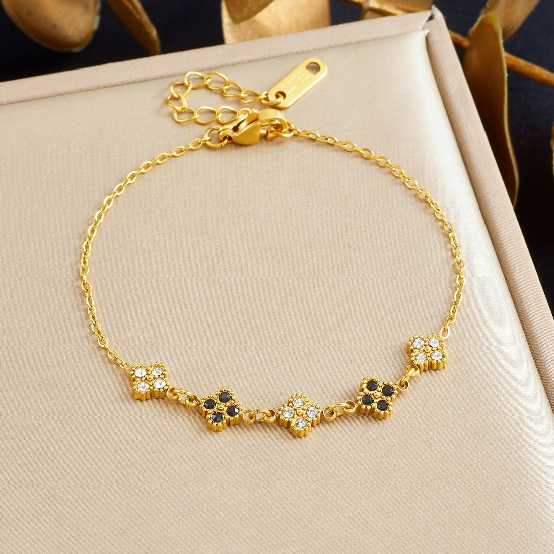 Minimalist Gold Plated Stainless Steel Rhinestone Floral Bracelet for Women