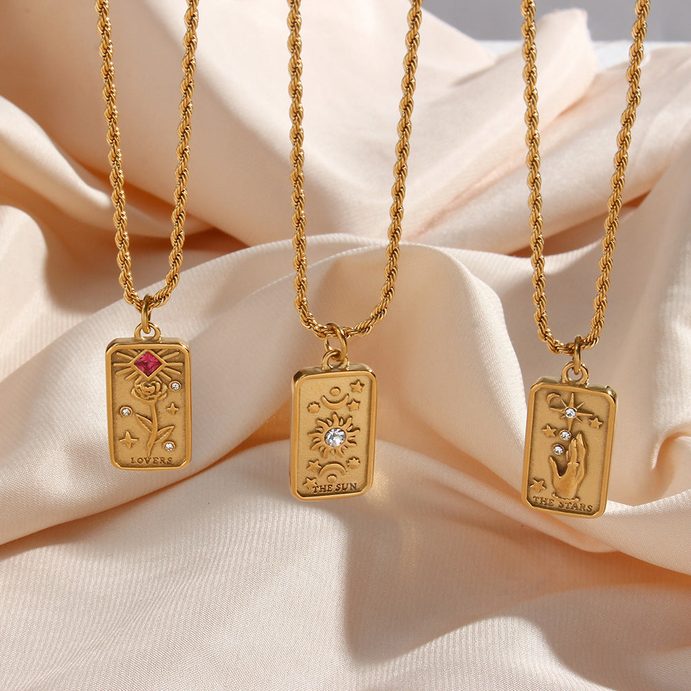Collar con colgante de tarot de octagrama geométrico con incrustaciones de diamantes de imitación y cadena de acero inoxidable pulido para mujer