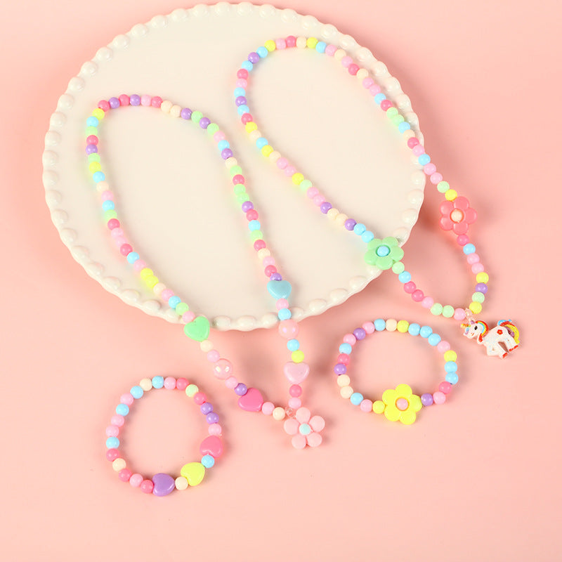 Cartoon Unicorn Pendant Necklace Set with Colorful Dopamine Beads for Kids, Resin Animal Charm on Round Bead Chain, Princess Style Children's Jewelry