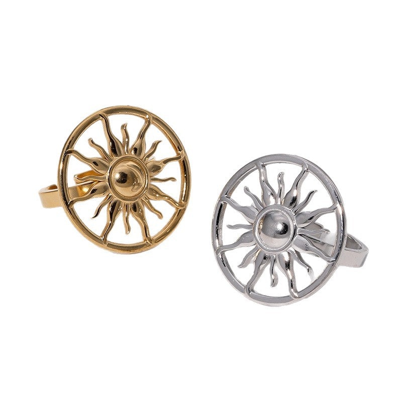 Minimalist Sun-Shaped Stainless Steel Ring with Gold Plating for Women, Geometric Open-Style Luxury Accessory