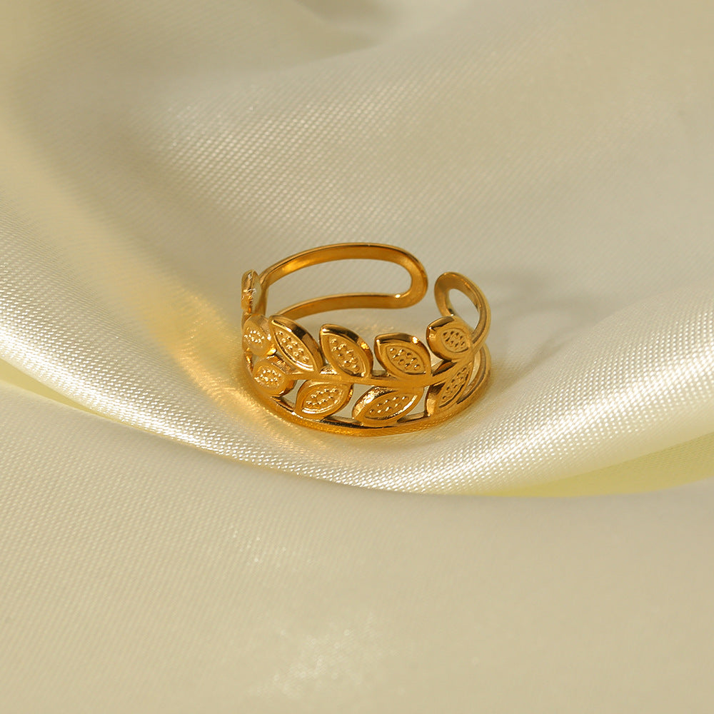 Minimalist Geometric Hollow Leaf Stainless Steel Ring with 18K Vacuum Plating for Women