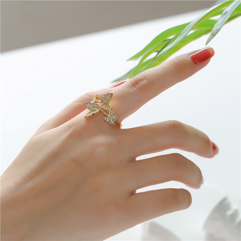 Minimalist 18K Gold Plated Brass Geometric Butterfly Ring with Cubic Zirconia