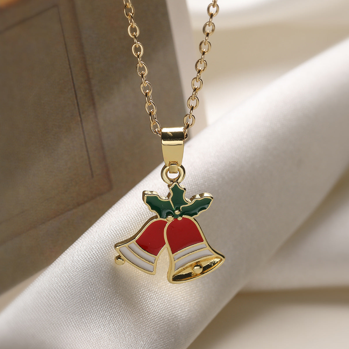 Christmas Geometric Drip Oil Gold Plated Brass Bell Pendant Necklace for Women