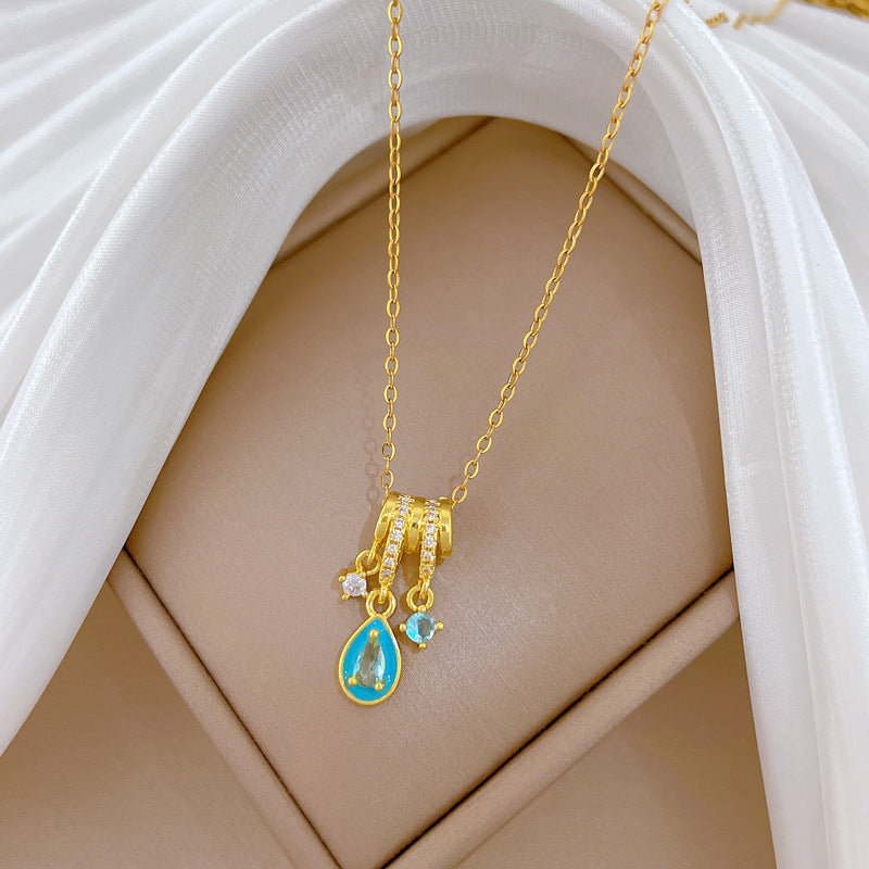 Sweet Minimalist Teardrop Geometric Rhinestone Pendant Titanium Steel Necklace for Unisex