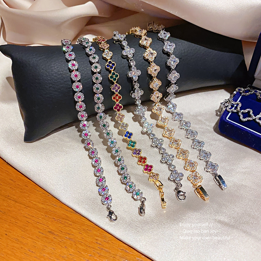 Luxury Sweet Floral Brass Inlaid Cubic Zirconia Bracelet for Women