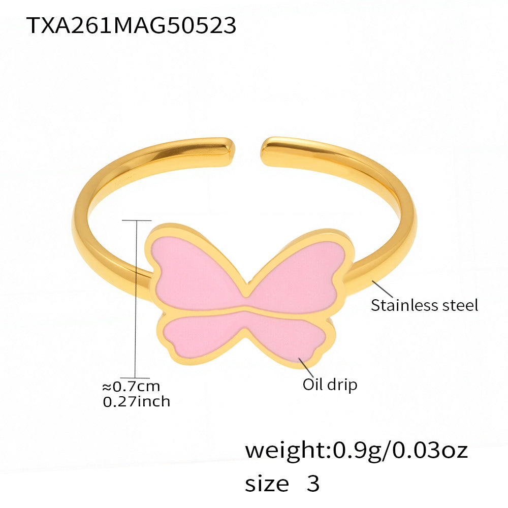 Pink Butterfly Necklace Set for Girls with Stainless Steel Chain and Titanium Steel Pendant, Enamel Finish, Fashionable Minimalist Jewelry Collection Including Necklace, Bracelet, Ring, and Earrings