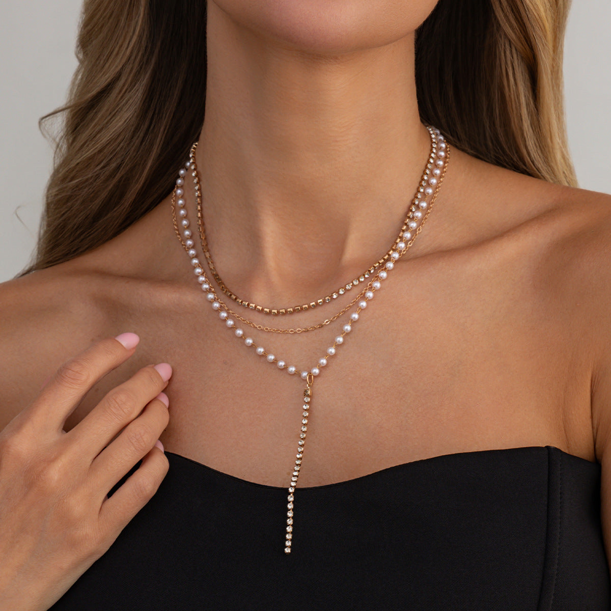 Elegant Geometric Multi-Layer Y-Necklace with Faux Pearl and Rhinestone Inlay Plated Iron Pendant Cable Chain for Women