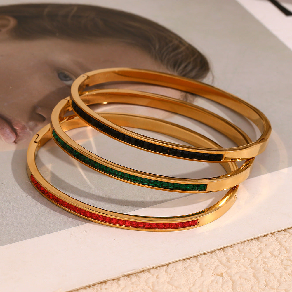 Minimalist Elegant 18K Gold Plated Stainless Steel Geometric Rhinestone Bangle for Women