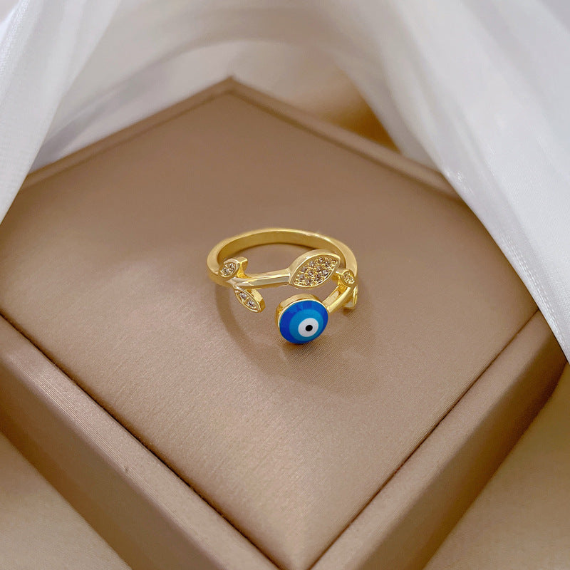 Minimalist Gold-Plated Brass Ring with Leaf and Eye Design Featuring Zircon Inlay for Women