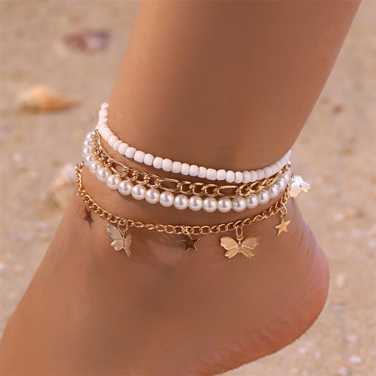 Set de tobilleras vintage minimalistas con perlas y mariposas con perlas de 4 mm para mujer