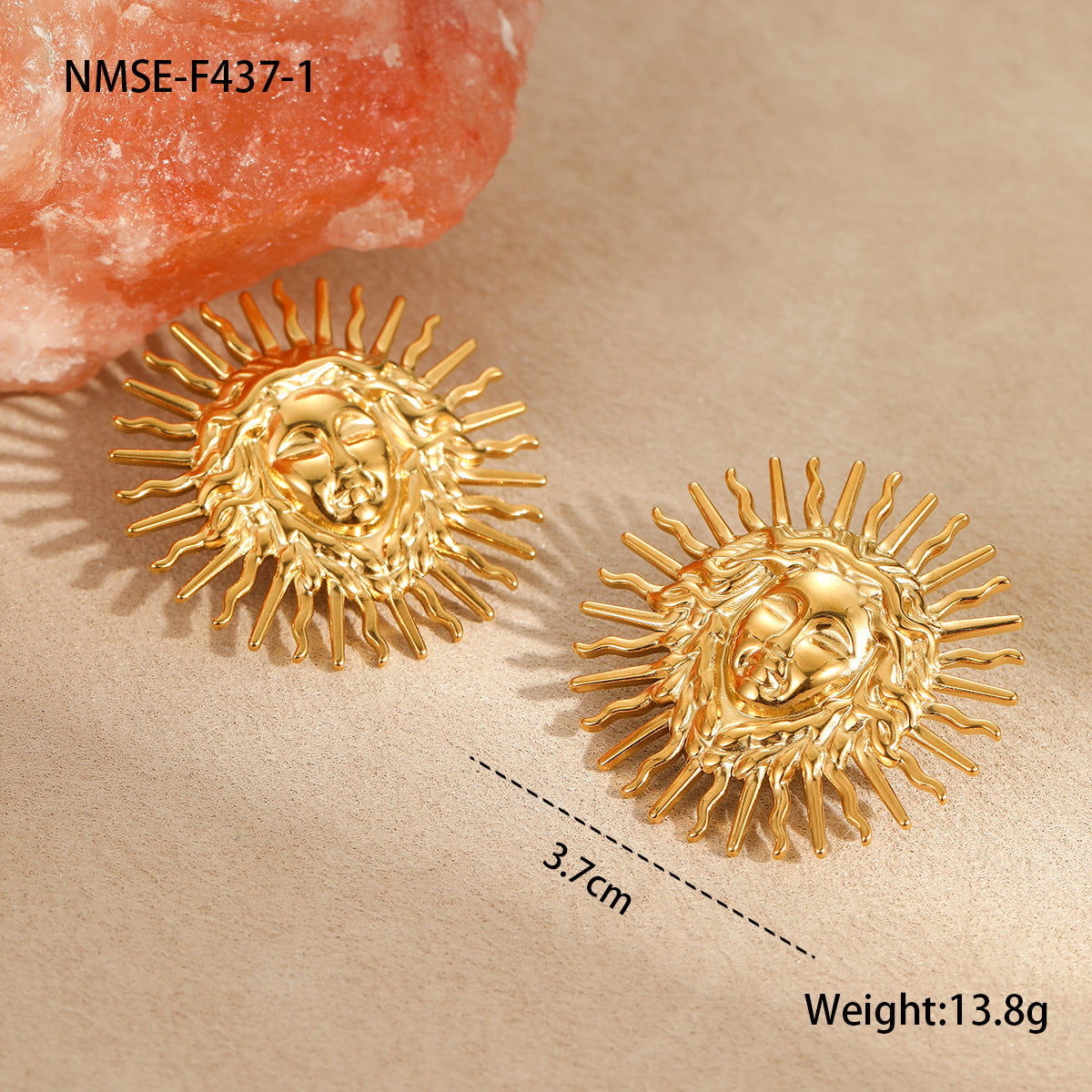 Pendientes de tuerca geométricos vintage Diosa del Sol en acero inoxidable con baño de oro para mujer