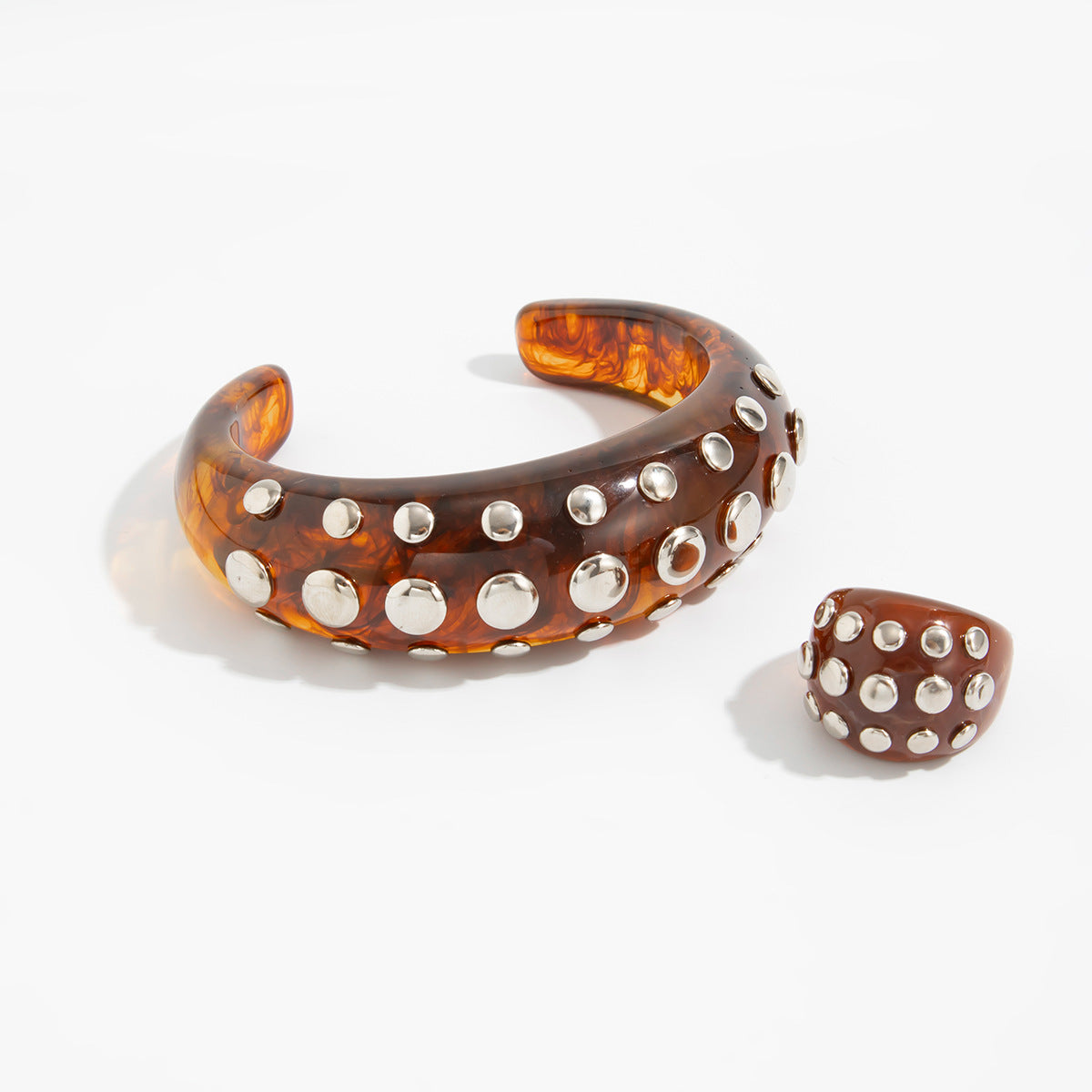 Vintage Gradient Round Resin Plated Rhinestone Cuff Bracelet Set