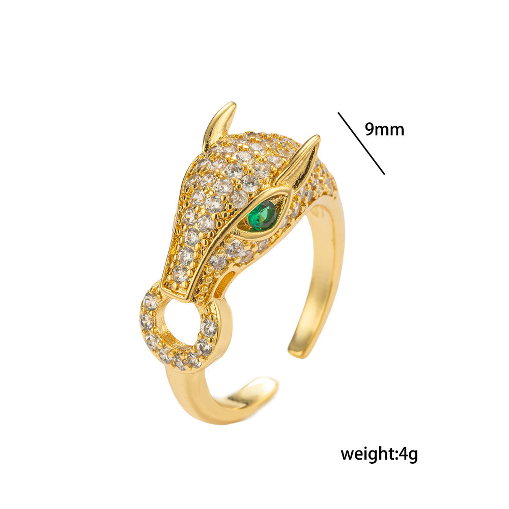 Luxury Hip Hop Leopard Ring for Women in Gold Plated Copper with Zirconia Geometric Animal Design