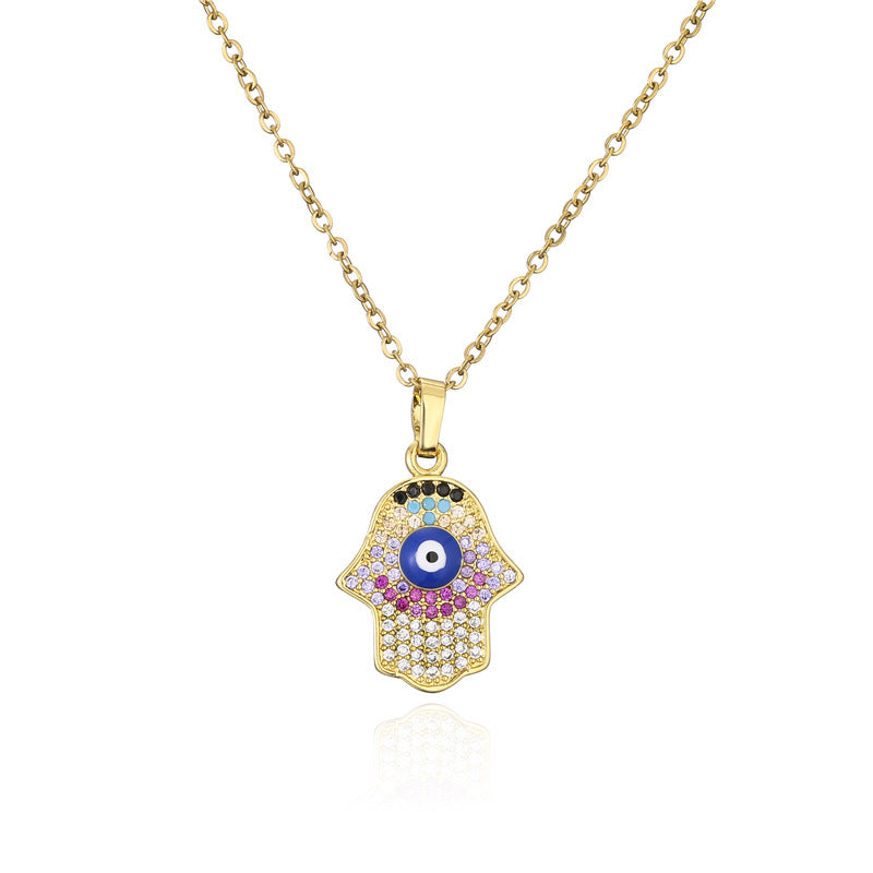 Fashion Hand Evil Eye Geometric Drip Oil Gold Plated Brass Micro-inlay Cubic Zirconia Necklace for Women with Cable Chain