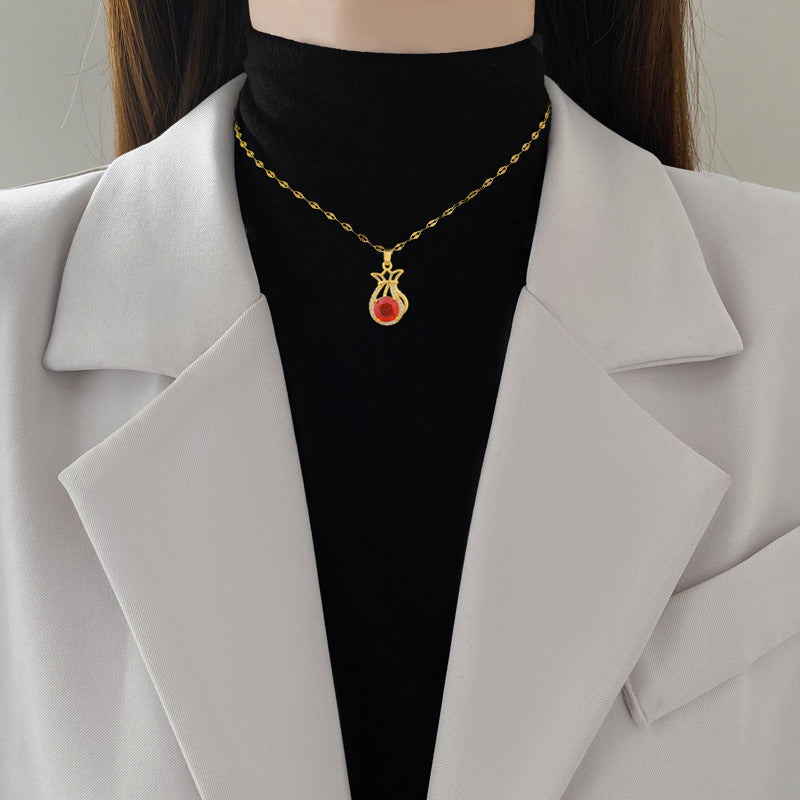 Sweet Luxury Geometric Red Lucky Bag Rhinestone Pendant Necklace Titanium Steel Cable Chain for Unisex