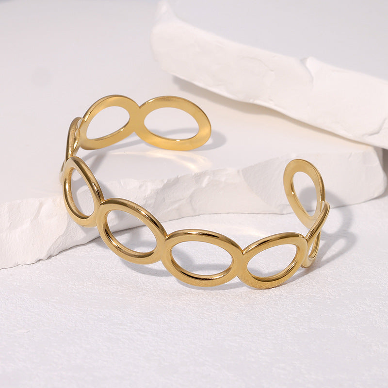 Minimalist Geometric Oval Stainless Steel Open Bangle Bracelet with Gold Plating