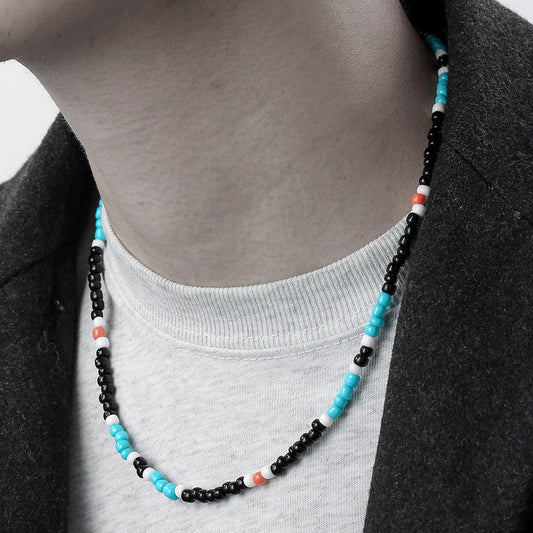 Vintage Minimalist Ethnic Geometric Round Turquoise Beaded Stainless Steel Cable Chain Necklace for Men and Women