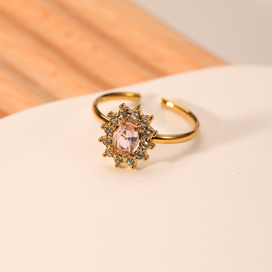 Anello Geometrico a Girasole in Stile INS in Acciaio Inossidabile con Intarsio in Zircone e Placcatura in Oro Sottovuoto 18K