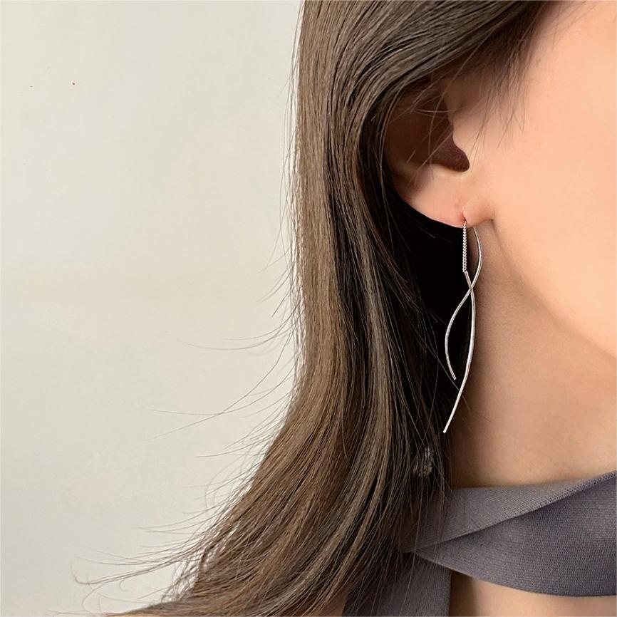 Minimalist Wave-Shaped S925 Sterling Silver Long Dangle Earrings for Women
