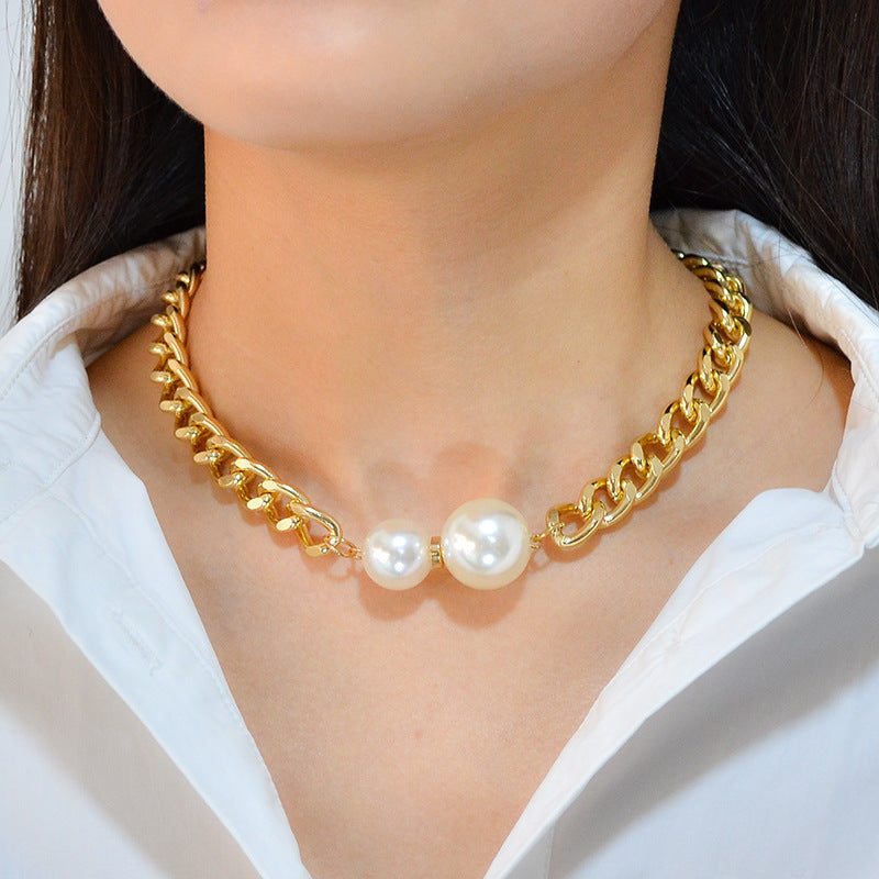 Original Design Geometric Titanium Steel Plated Choker Necklace with Imitation Pearl Accent and O-Chain