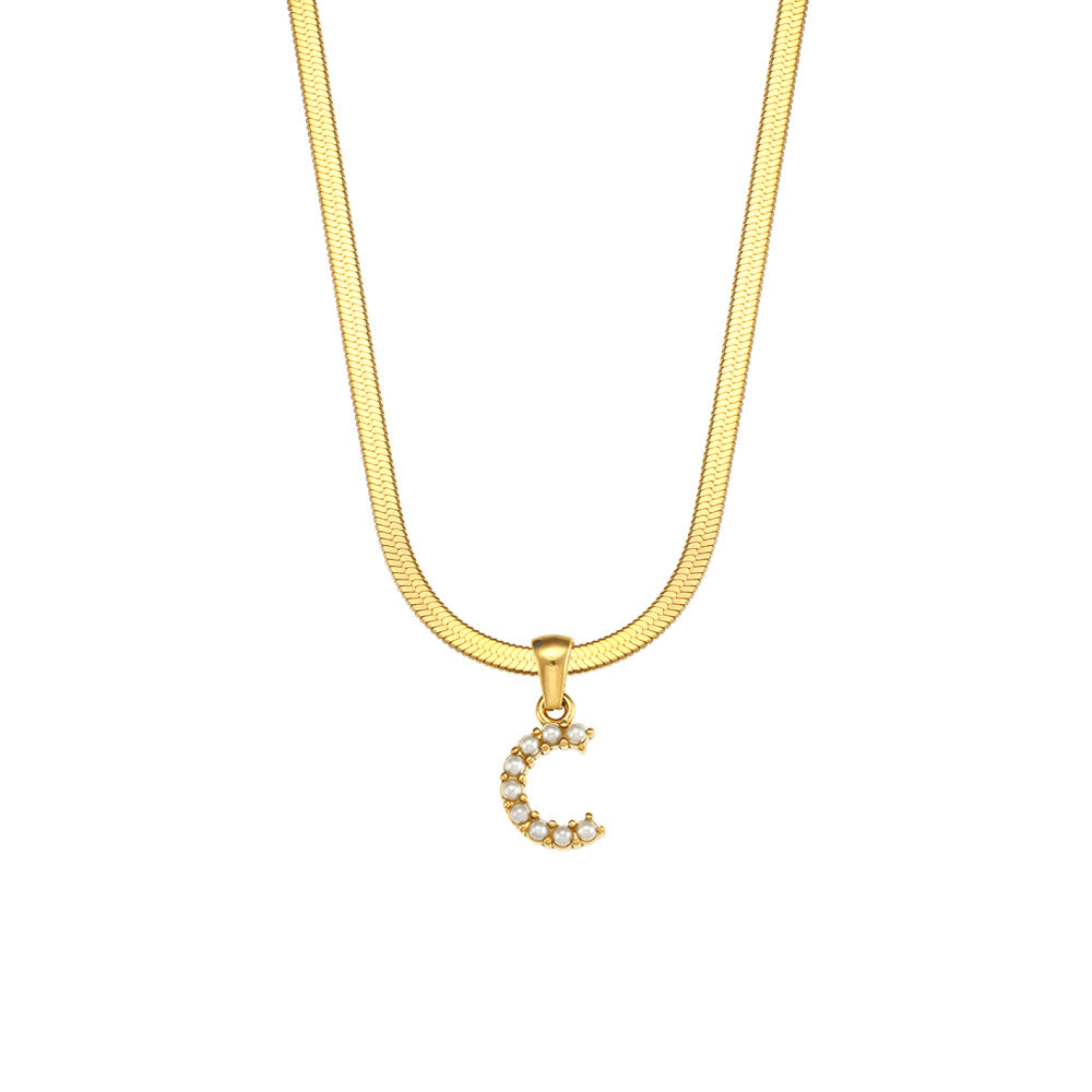 Fashionable Letter Pendant Necklace for Women Stainless Steel Plated 18K Gold Flat Snake Chain with Pearl Accent