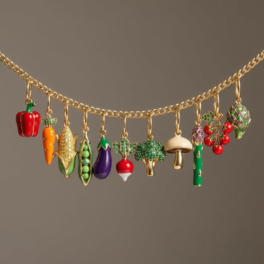 Ciondolo a barra vintage in ottone placcato oro 14K con zirconia cubica e olio a goccia a forma di frutta e verdura