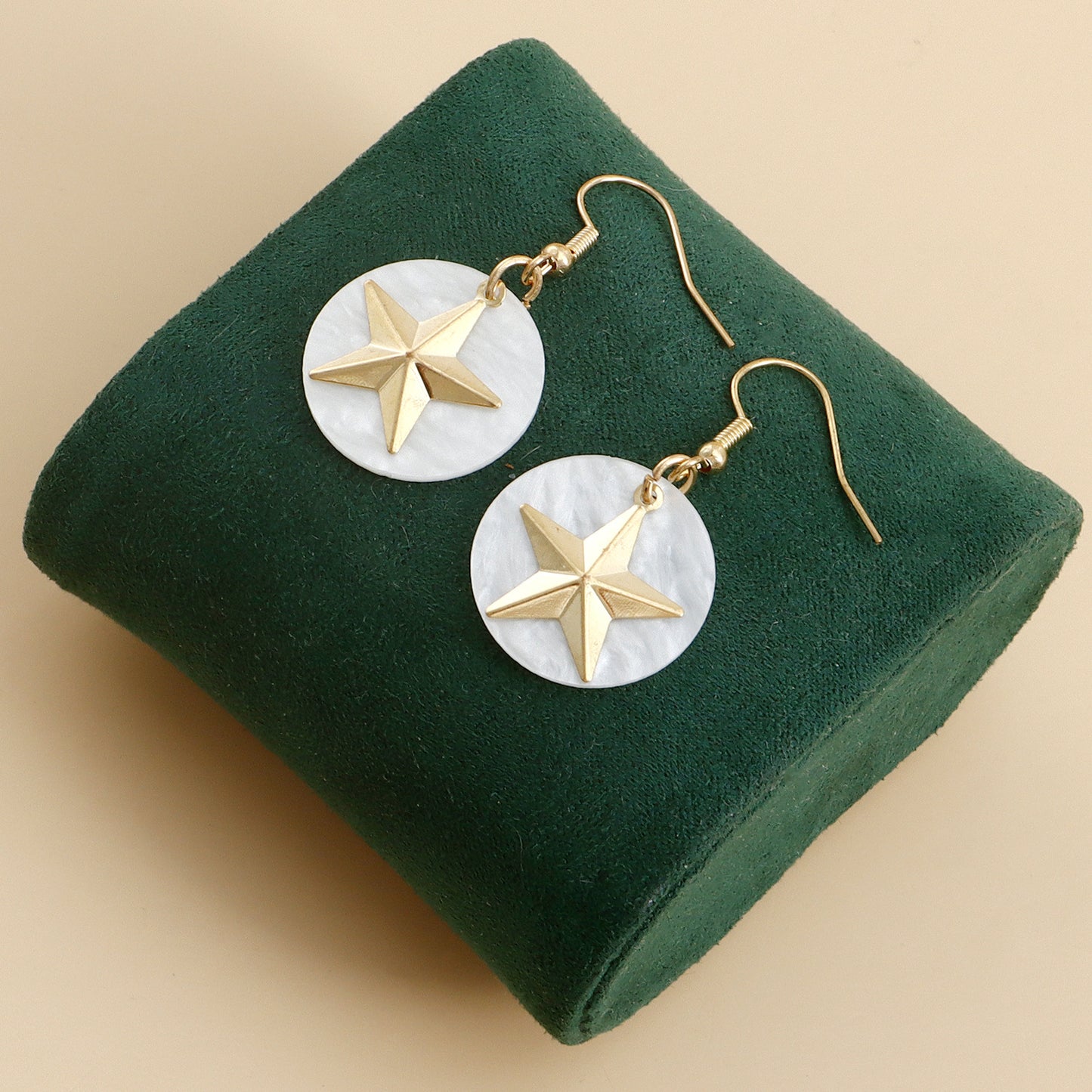 Vintage Style Geometric Star White Mother of Pearl Pendant Earrings for Women with Plated Alloy Finish