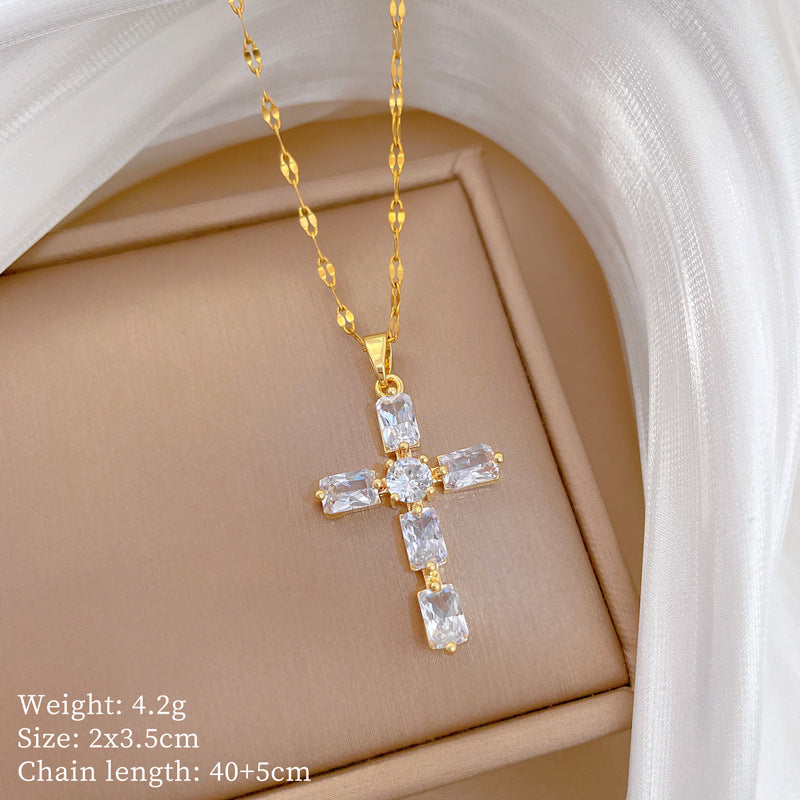 Sweet Minimalist Cross Geometric Rhinestone Titanium Steel Necklace for Unisex