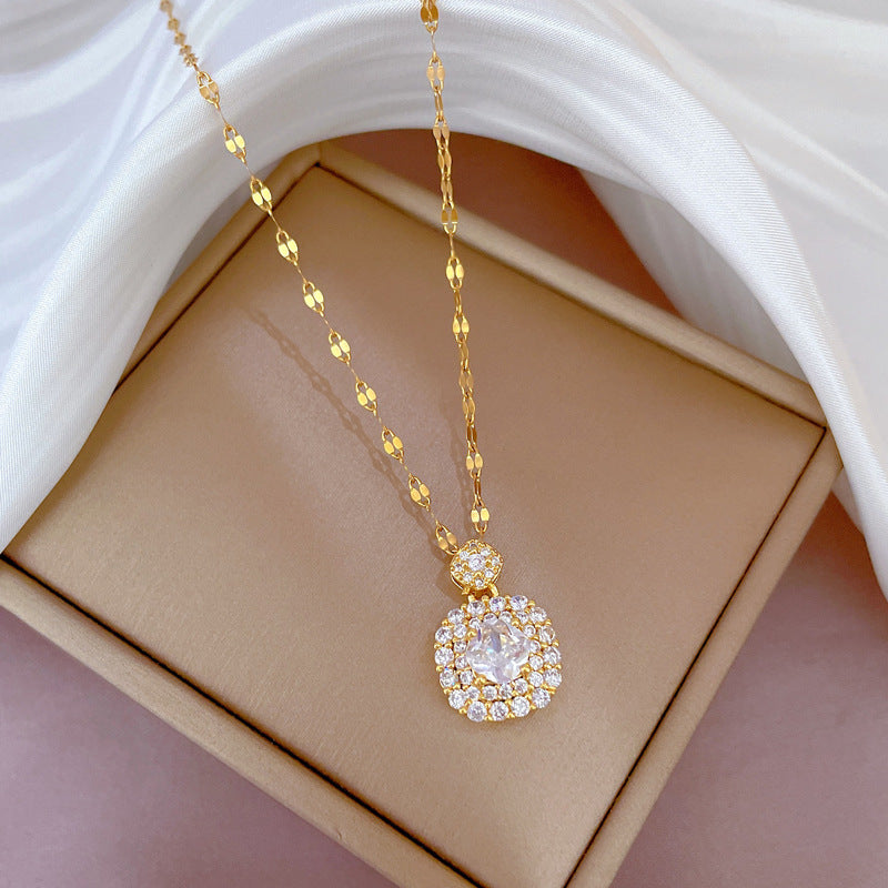 Elegant Geometric Pendant Necklace for Women in Stainless Steel with Micro-Pave Rhinestone Accents and Adjustable Chain