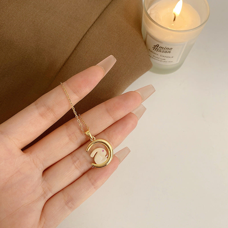 Original Design Rabbit Pendant Necklace for Women in Titanium Steel with Rhinestone Inlay on Wavy Chain, Minimalist Moonlight-Inspired Locket Necklace