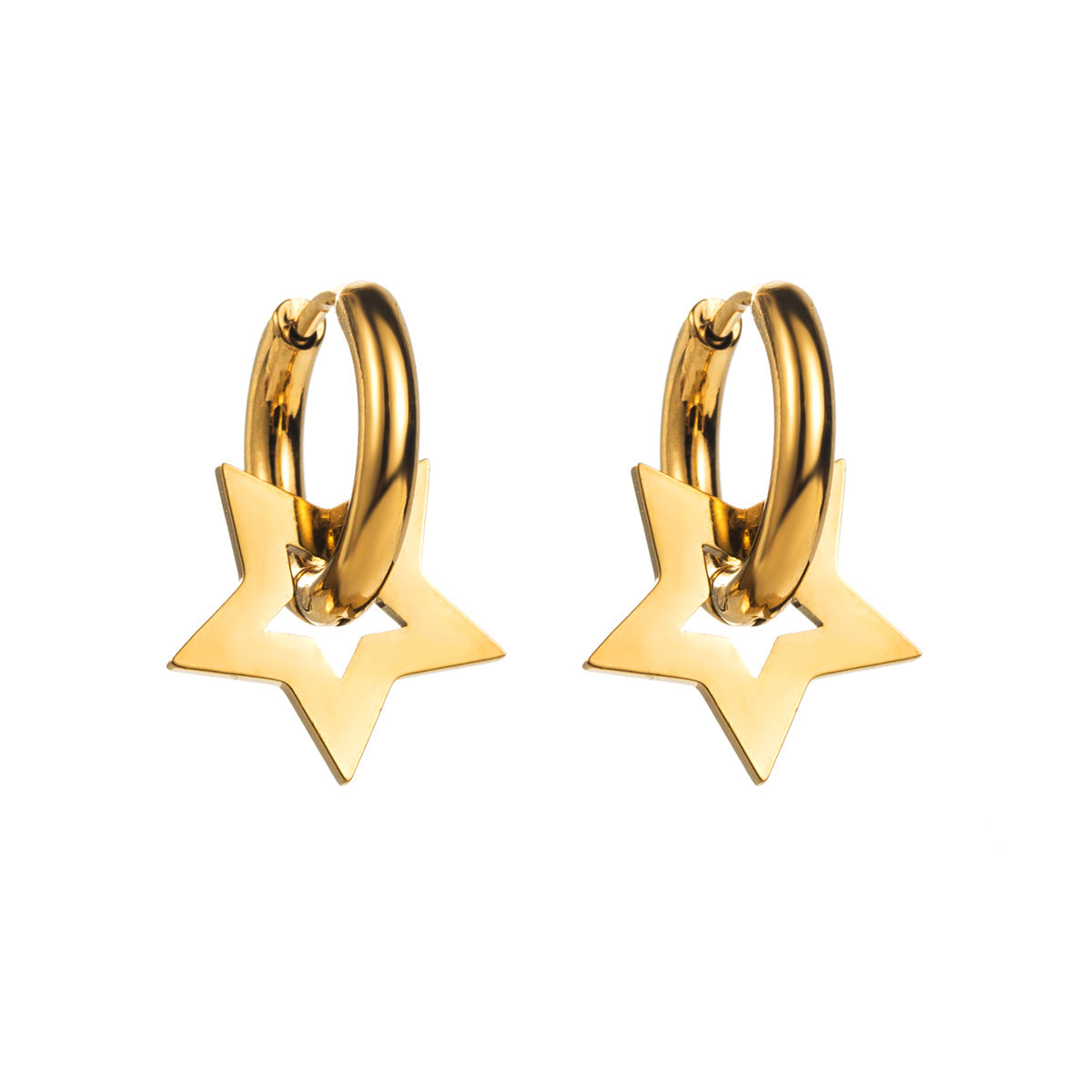 Aretes de acero inoxidable geométricos, estilo "sweet-edgy", con forma de luna, estrella y flor, y acabado enchapado.