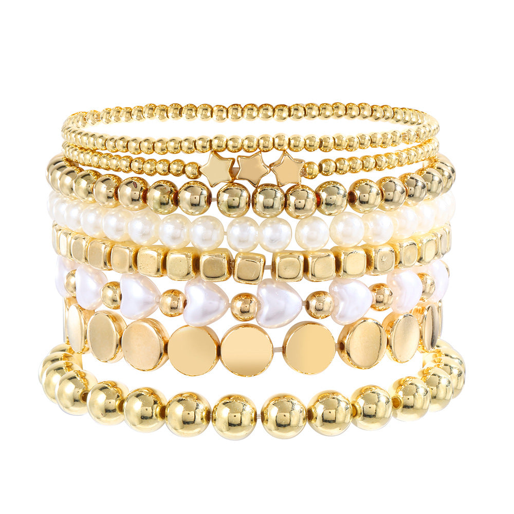 Bohemian Women's Multi-Layer Geometric Round Brass Bead Imitation Pearl Bracelet Set