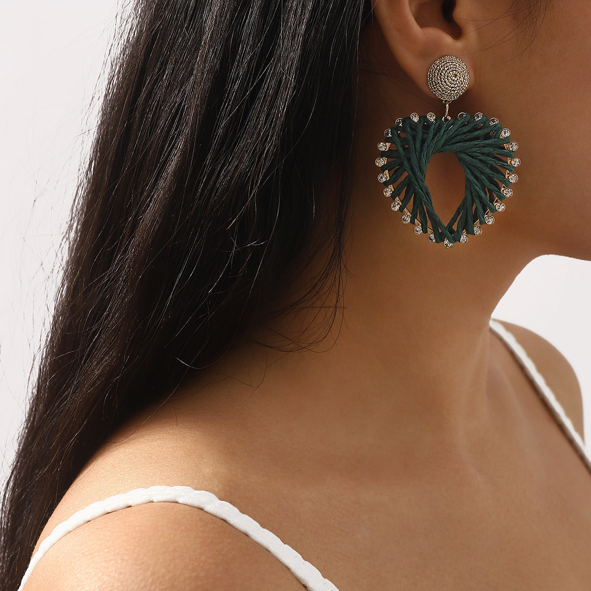Orecchini Pendenti a Cuore in Rame Intrecciato Bohemien con Strass su Base in Lega