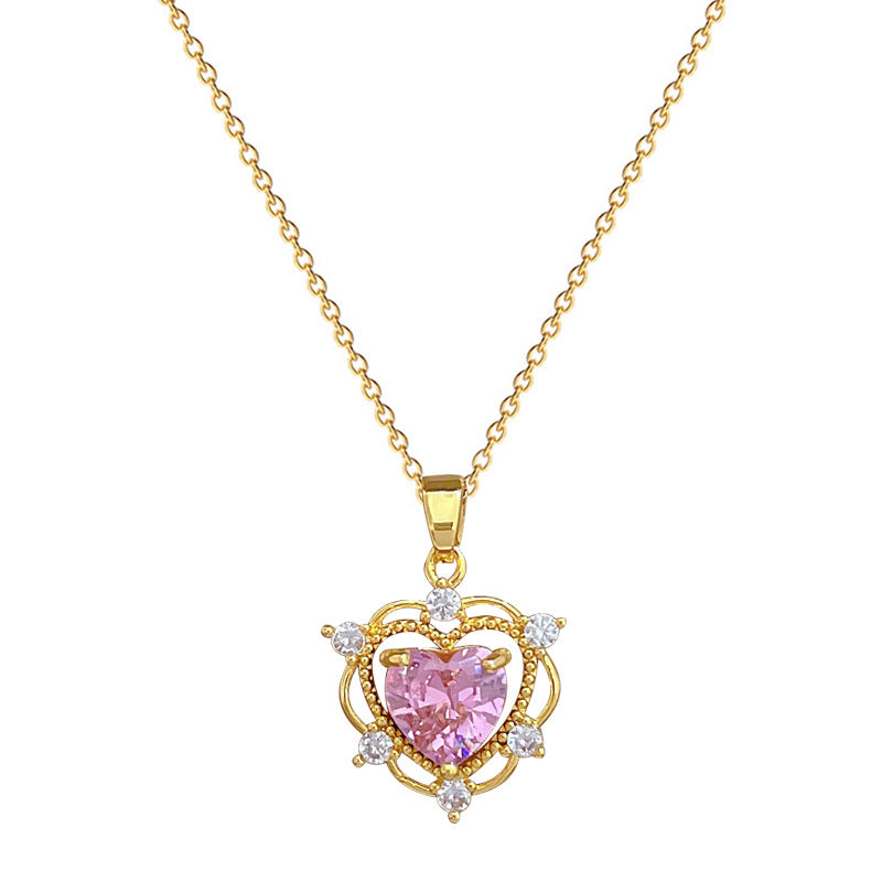 Luxury Titanium Steel Hollow Heart Pendant Necklace for Women with Full Rhinestone Inlay, Delicate Clavicle Chain in Geometric Design