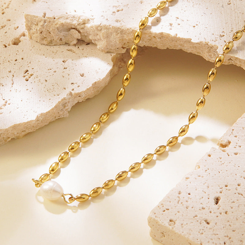 Elegante Set di Gioielli in Acciaio Inossidabile Placcato Oro 18K con Perle e Forme Geometriche da Donna