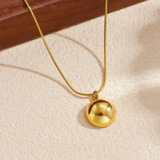Vintage Minimalist Gold Plated Geometric Round Stainless Steel Pendant Necklace with Snake Chain for Women
